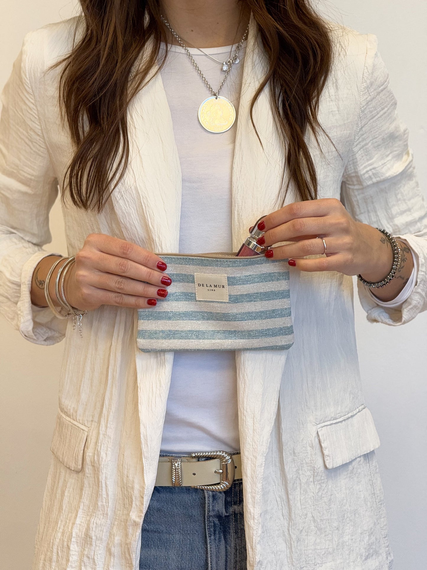 Make-up tasje klein De La Mur Line LUR blauw wit gestreept glitter