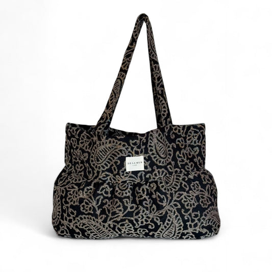 Geplooide jacquard shopper De La Mur Line, Ruffle Bag, unieke prints zwart zilver TEIDE