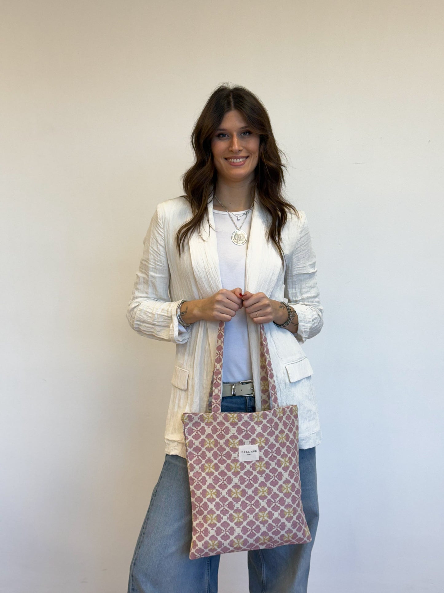 Shopper tas De La Mur Line BLAT roze print met gele details 